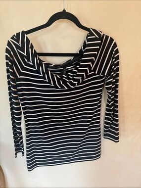 White House Black Market Black & White Striped Draped Neck Long Sleeve Top